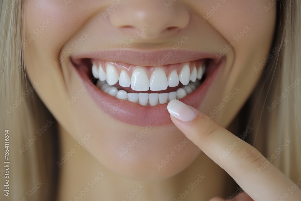 Fototapeta premium Closeup of smiling woman pointing at bright white teeth / Female mouth closeup