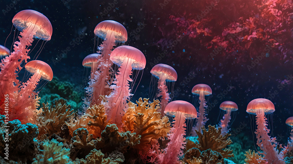 gently pulsating pink jellyfish drifting gracefully among a vibrant coral reef create a mesmerizing underwater landscape, showcasing the beauty and tranquility of marine life