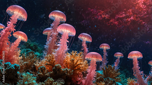 Obraz na płótnie gently pulsating pink jellyfish drifting gracefully among a vibrant coral reef create a mesmerizing underwater landscape, showcasing the beauty and tranquility of marine life w salonie