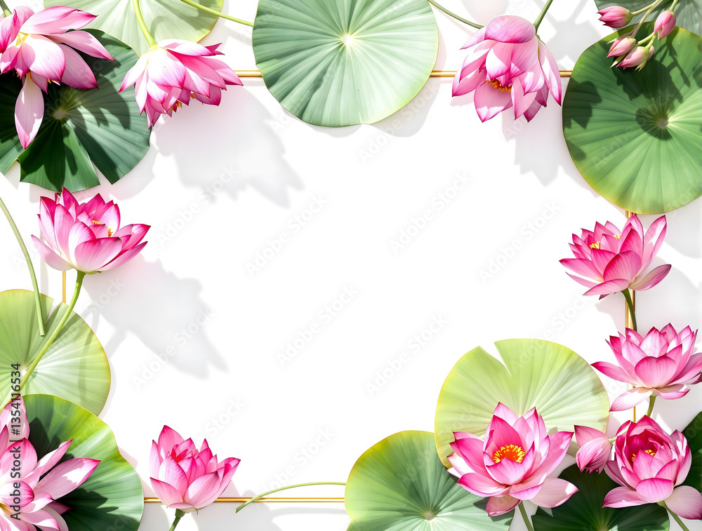 濃いピンクの蓮の花と葉等が周りにある金色の細い額 濃いピンクの蓮の花と葉等が周りにある金色の細い額