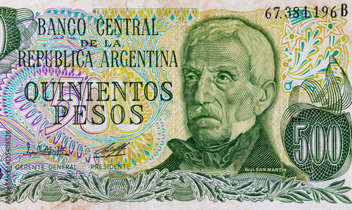 Banknote of 500 pesos of Argentina with a portrait of General San Martin. Vintage paper money of Argentina. Fragment of a banknote for design.
