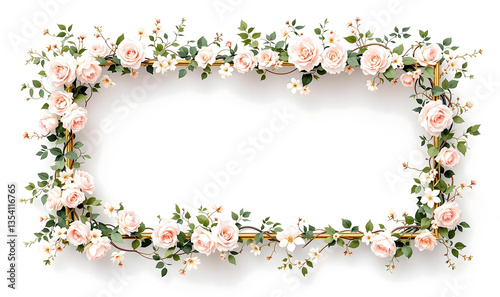 横長の金色の細い額に絡まる薄いピンクオレンジのバラの花の蔓