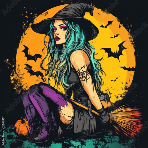 A woman dressed as a witch sitting on a broom in front of a full moon photo