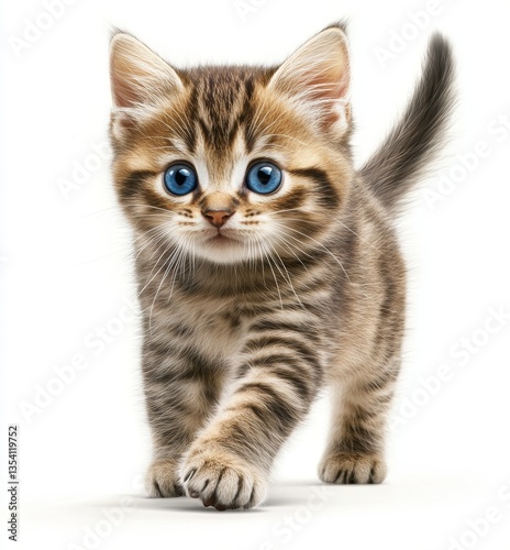 A small kitten with blue eyes walking on a white surface