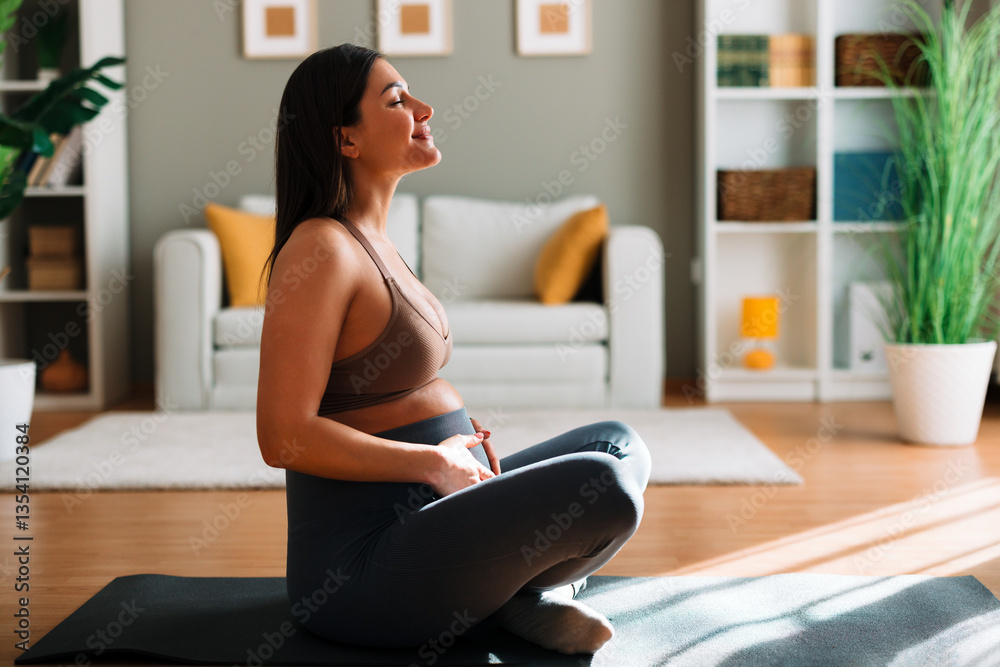 Pregnant woman enjoying a peaceful meditation session in her living room fostering a deep connection with her unborn child Pregnant woman enjoying a peaceful meditation session in her living room fostering a deep connection with her unborn child