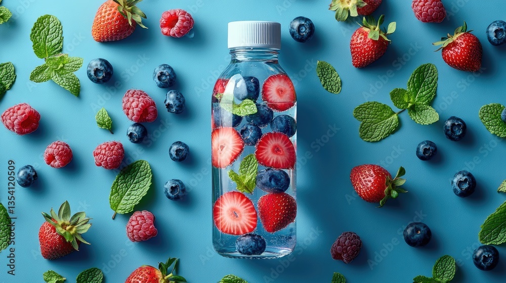 Refreshing Infusion: A bottle of water is brimming with vibrant strawberries and blueberries alongside fresh mint leaves, surrounded by an assortment of scattered berries. Refreshing Infusion: A bottle of water is brimming with vibrant strawberries and blueberries alongside fresh mint leaves, surrounded by an assortment of scattered berries.