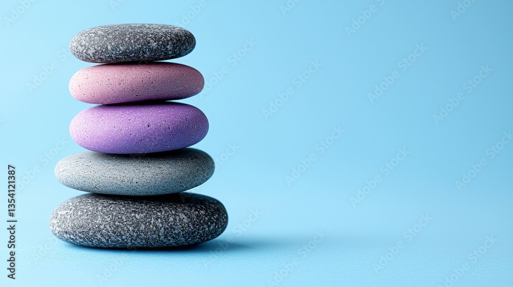 A stack of pebbles stacked on top of each other on a blue surface A stack of pebbles stacked on top of each other on a blue surface