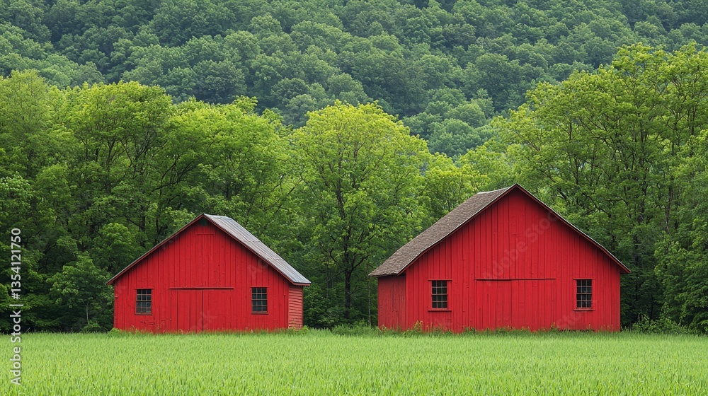 Two red barns in a green field with trees in the background Two red barns in a green field with trees in the background