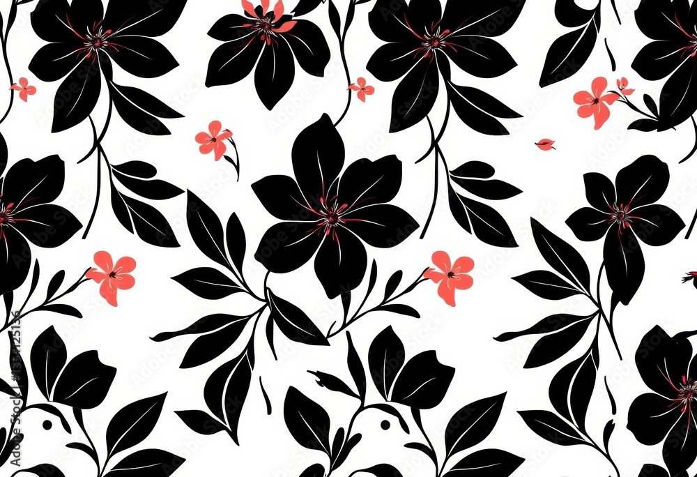 Abstract black floral leaf and flower geometric seamless pattern on white background, leaves, black Abstract black floral leaf and flower geometric seamless pattern on white background, leaves, black