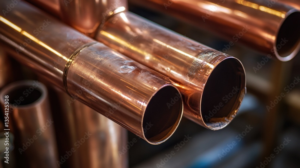 Naklejka premium Copper pipes stacked in a factory setting