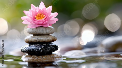 Pink Lotus Flower Balancing on Zen Stones in Water with Bokeh Background