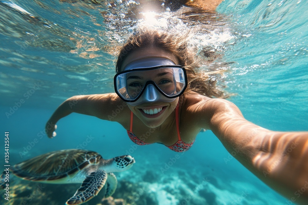 Fototapeta premium Many tropical fish swim next to her. A attractive and sexy happy black young woman with blond hair with a happy face snorkeling among the corals. Bright commercial style image.