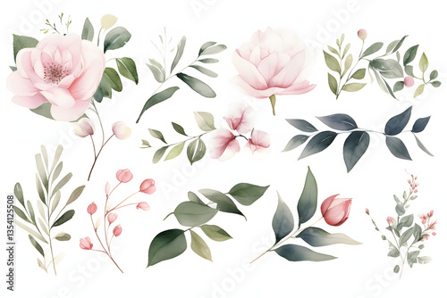 Different different Cute spring flowers, clipart, watercolor illustration, simple clean line art, white background, colorful,
