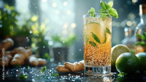 Refreshing Cocktail with Ingredients: A visually captivating close-up of a refreshing cocktail in a tall glass, garnished with fresh mint and lime.