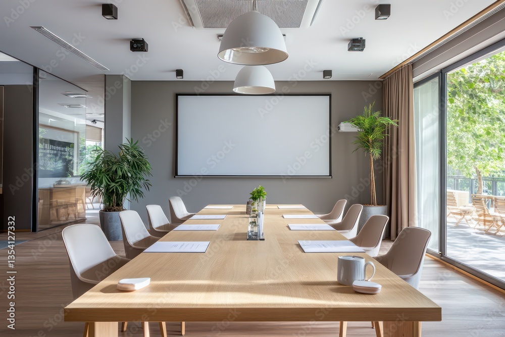 Fototapeta premium A professional meeting room with a clean light wood table, simple chairs, and a projector screen with bright natural lighting