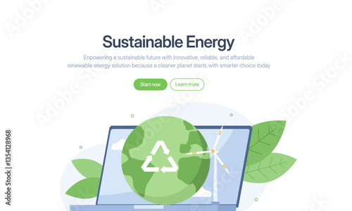 Laptop with globe, wind turbine, and leaves symbolizing ecofriendly technology and global connectivity. Suitable for environmental websites, sustainable energy concepts.