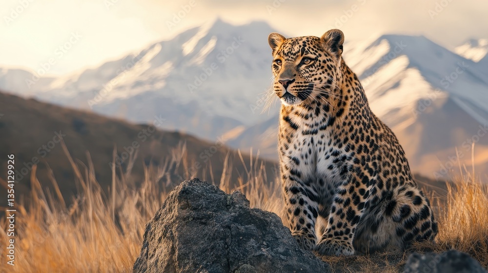 Fototapeta premium majestic leopard on mountain peak at sunset
