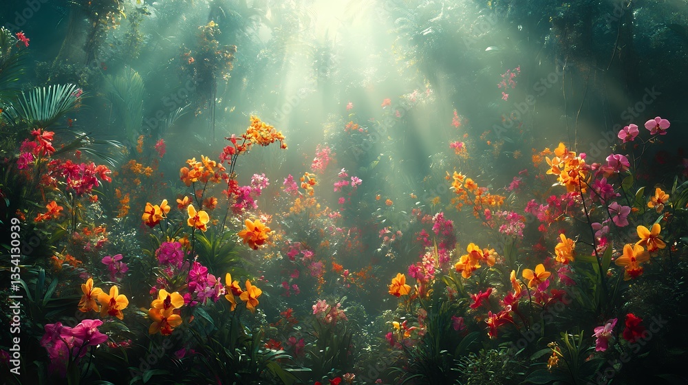 Ethereal Garden of Vibrant Flowers Bathed in Sunlight, a Dreamlike and Magical Scene of Nature's Beauty Ethereal Garden of Vibrant Flowers Bathed in Sunlight, a Dreamlike and Magical Scene of Nature's Beauty