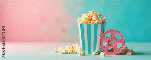 Colorful popcorn bucket with film reel, perfect for movie night enjoyment.