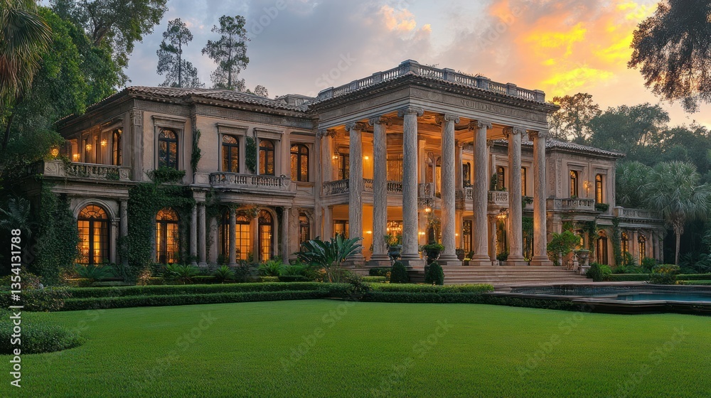 Naklejka premium Grand Estate Mansion at Sunset, lush landscaping