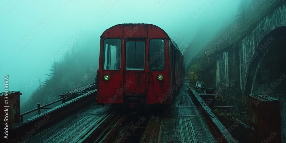 Obraz premium Charming vintage funicular travels through misty mountains and lush green landscapes. Header banner mockup with copy space.