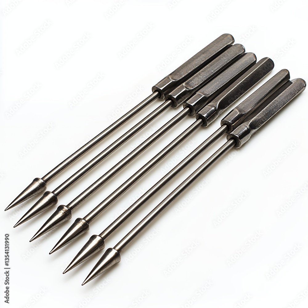 Five Metallic Pointed Tools with Textured Handles Arranged on White Background Five Metallic Pointed Tools with Textured Handles Arranged on White Background