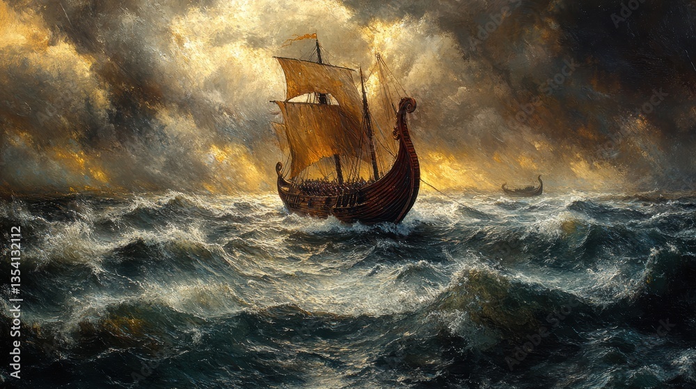 Epic Viking Ship Battling Stormy Seas with Brave Warriors at the Helm