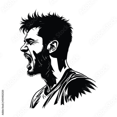 High-Contrast Vector Illustration of a Male Athlete, Black and White Sports Portrait with Intense Expression, Dynamic Sports Star Illustration in Bold Graphic Style, Black and White Sports Athlete