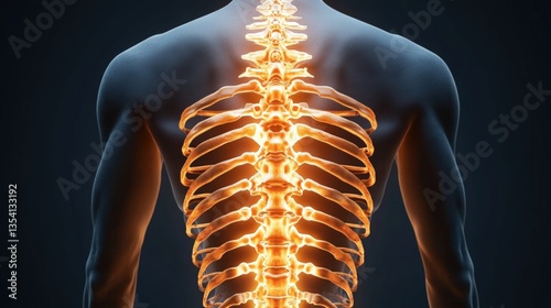 Rear View Digital Rende of Human Torso Emphasizing Glowing Spinal Column and Ribcage Against a Dark Background for Medical and Artistic Purposes