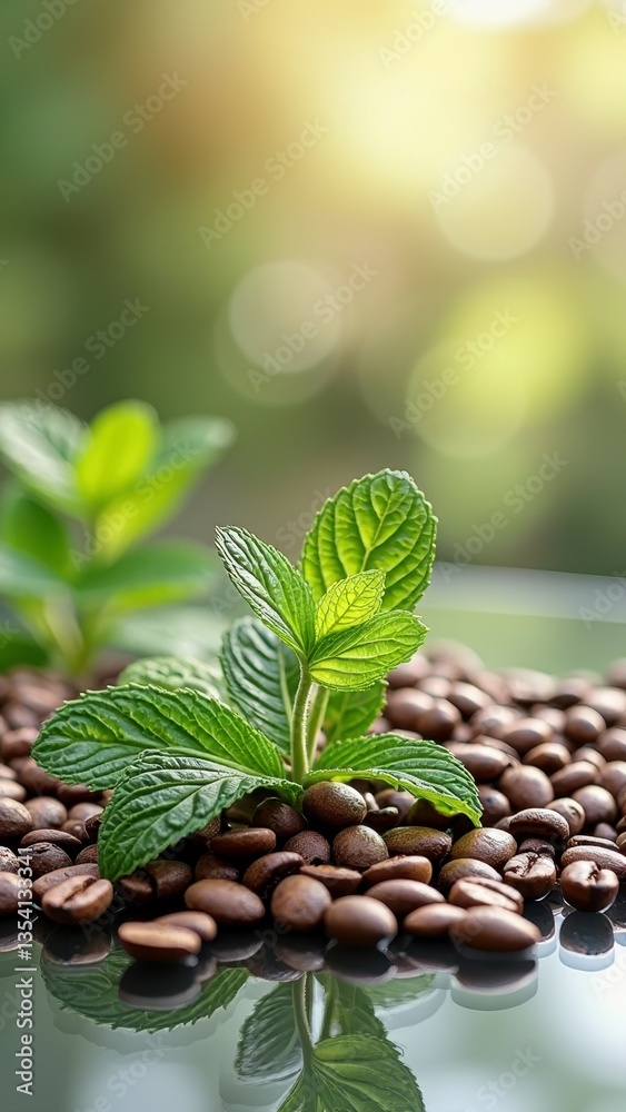 Fototapeta premium Fresh mint leaves resting on coffee beans with sunlit background