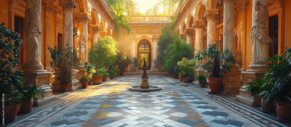 Obraz premium Sunny Italian Courtyard with Columns and Plants