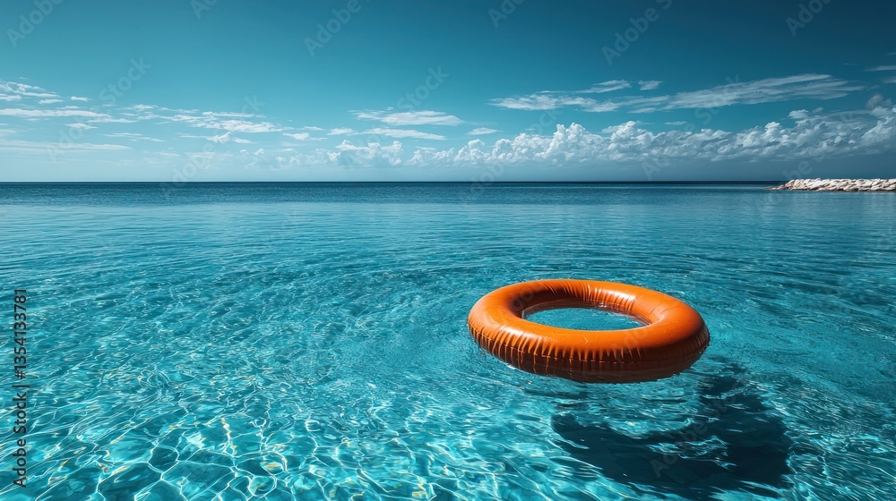 Orange inflatable ring floats in calm ocean water Orange inflatable ring floats in calm ocean water