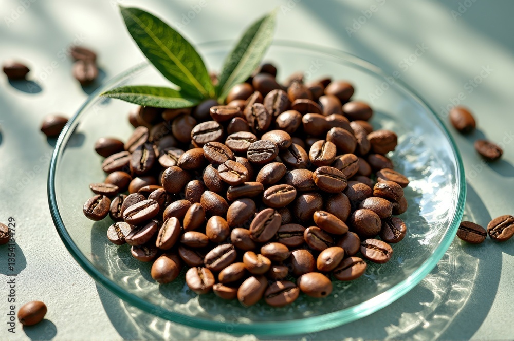Fototapeta premium Fresh roasted coffee beans with green leaf on glass plate in natural light