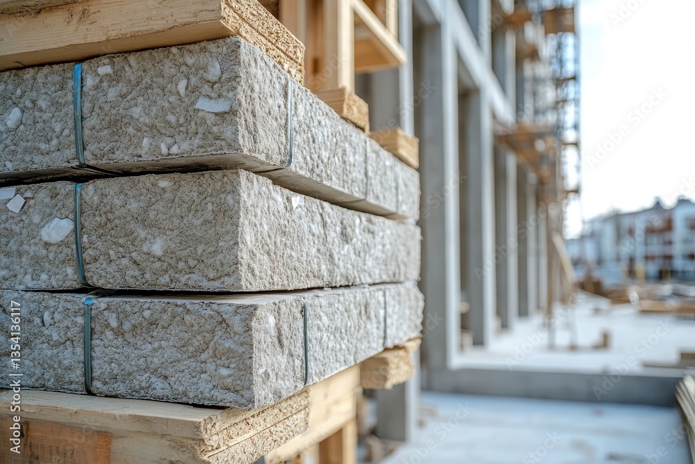 Stack of grey aerated concrete blocks on a wooden pallet at construction site. Perfect for illustrating building projects, materials, or civil engineering. Stack of grey aerated concrete blocks on a wooden pallet at construction site. Perfect for illustrating building projects, materials, or civil engineering.