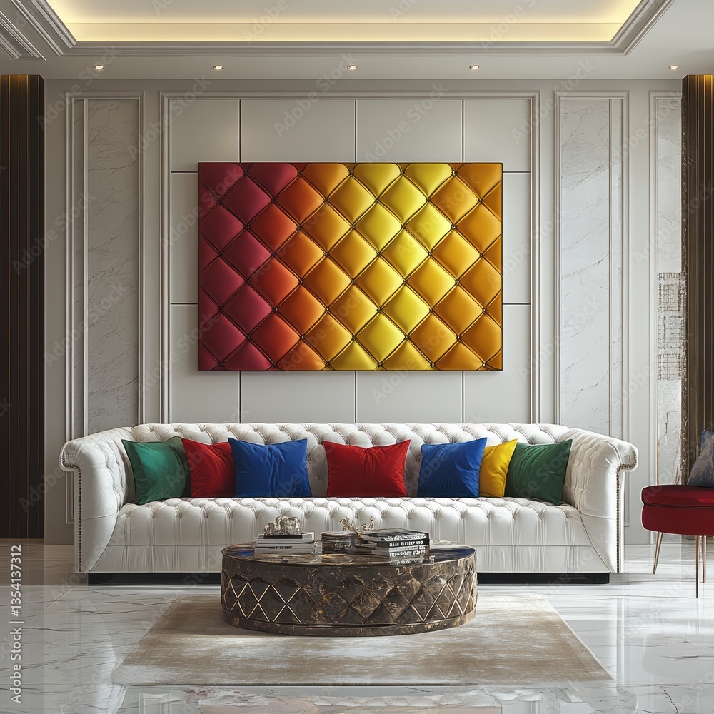 Naklejka premium Elegant living room featuring vibrant art and luxurious furnishings