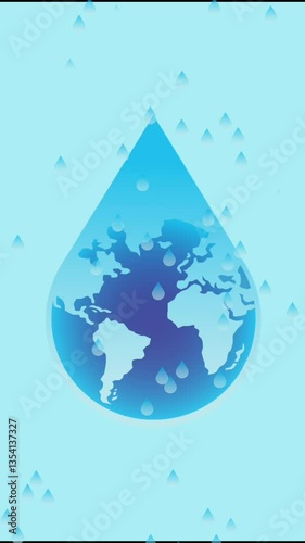 animation for world water day with globe and water symbol with rain on blue vertical screen