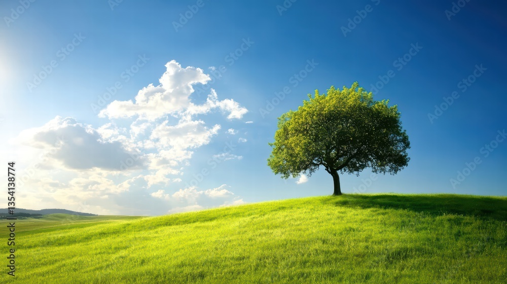 Serene Green Hill with Tree Under Bright Sunny Sky and Clouds Serene Green Hill with Tree Under Bright Sunny Sky and Clouds
