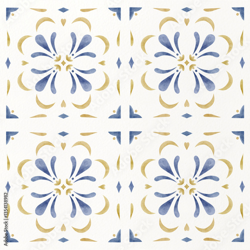 Watercolor decorative Mediterranean tiles elements pattern. Ornamental design for wrapping paper, textiles, postcards, stationery, borders
