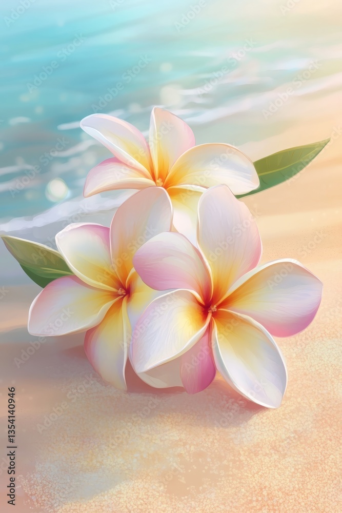 Plumeria flowers on the beach on the sand. selective focus. Generative AI, Plumeria flowers on the beach on the sand. selective focus. Generative AI,