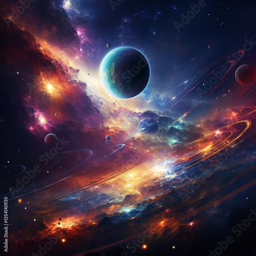 A vibrant depiction of planets and swirling nebulas in a colorful cosmic space landscape view scene