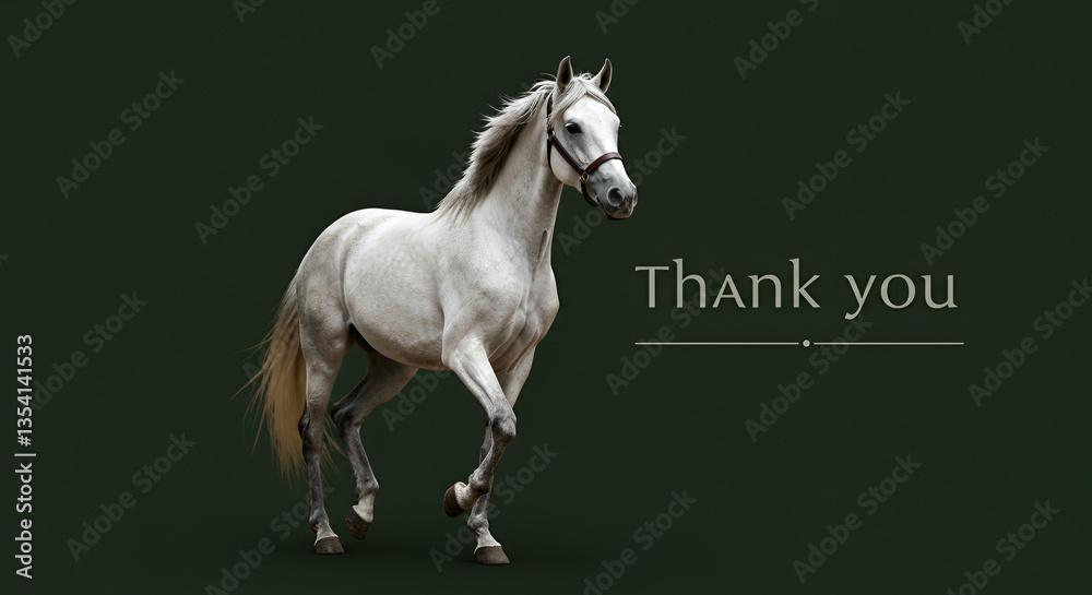 Obraz premium Elegant Gray Horse Expressing Gratitude on Dark Green Background
