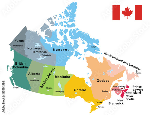 Canada Map on White Background with Canada Flag. Regions and provinces. Highly detailed vector illustration.