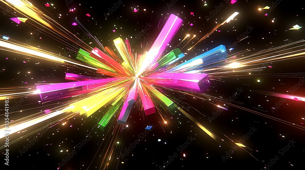 Naklejka premium Colorful exploding abstract objects with light trails and confetti