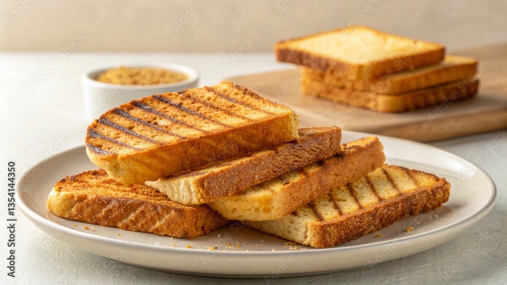 A wooden cutting board with slices of grilled bread, showcasing food photography.
A wooden cutting board with slices of grilled bread, showcasing food photography.