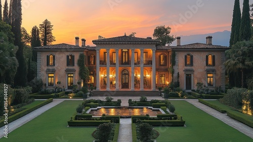 Grand estate mansion at sunset, manicured gardens photo