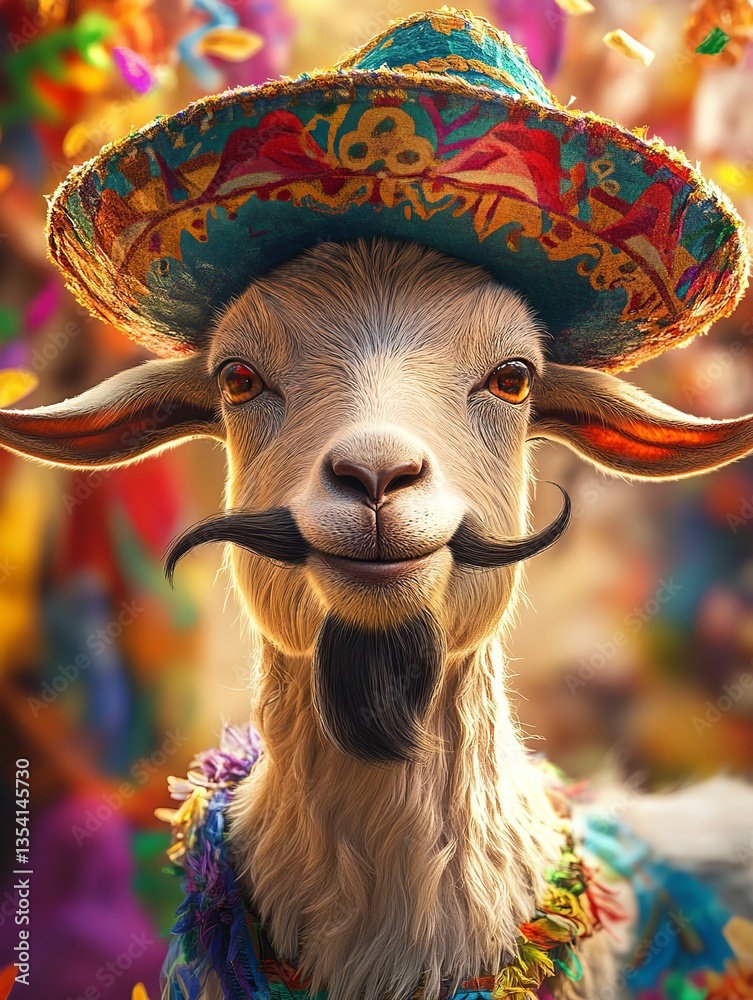 Obraz premium Funny Close-Up Portrait of a Goat Wearing Sombrero and Mustache – Mexican Fiesta Celebration Animal Concept