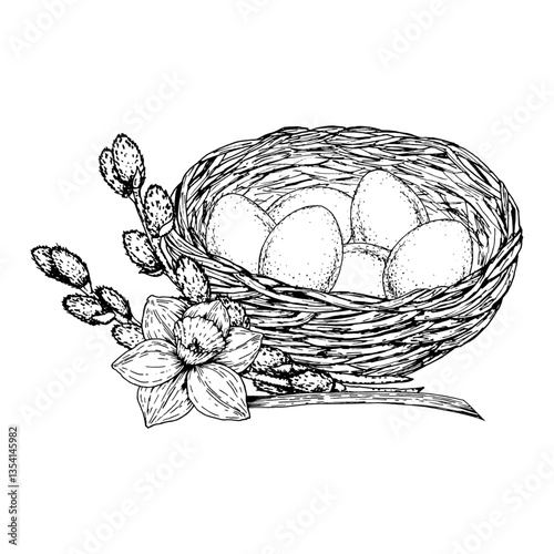 Hand drawn black and white ink illustration of a nest with eggs, decorated with blooming daffodil and pussy willow branches. Ideal for spring holidays, Easter cards, packaging, crafts, gardening theme