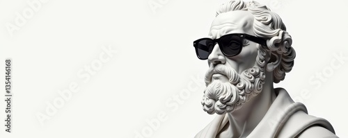 Ancient philosopher bust sculpture wearing modern sunglasses isolated on white background, sunglasses, isolated