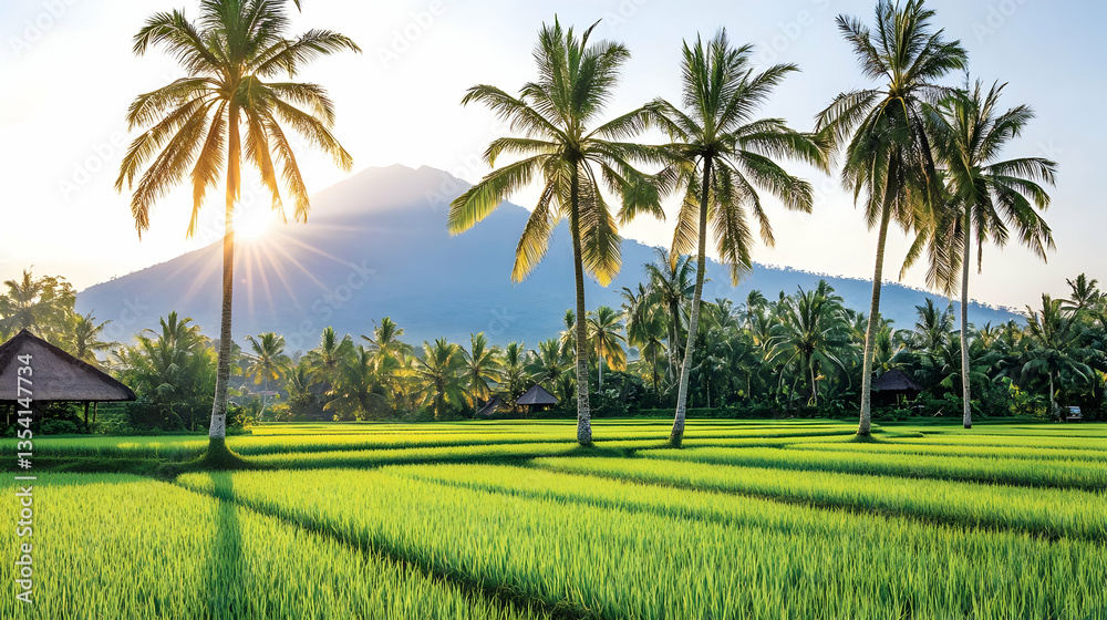 Obraz premium Sunrise Over Rice Paddy Fields With Palm Trees And Volcano In Bali