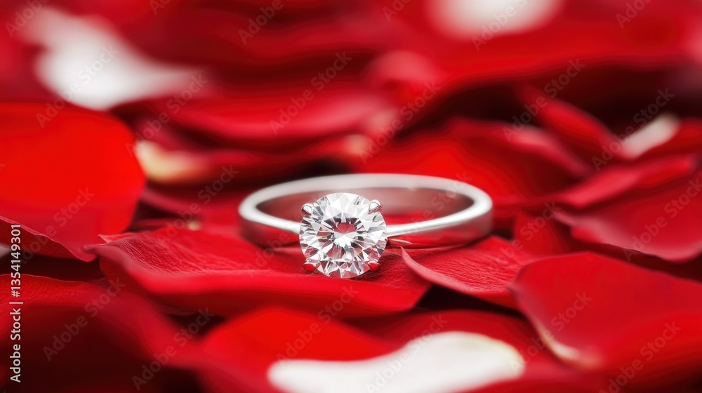 Diamond ring on rose petals; romantic proposal setting Diamond ring on rose petals; romantic proposal setting